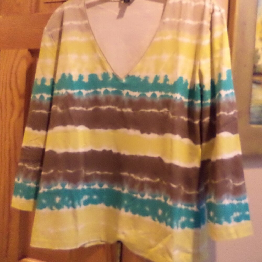 LAFAYETTE 148 SHIRT TOP ~V-Neck ~ Stripes of White, Green, Gold and Grey - Large